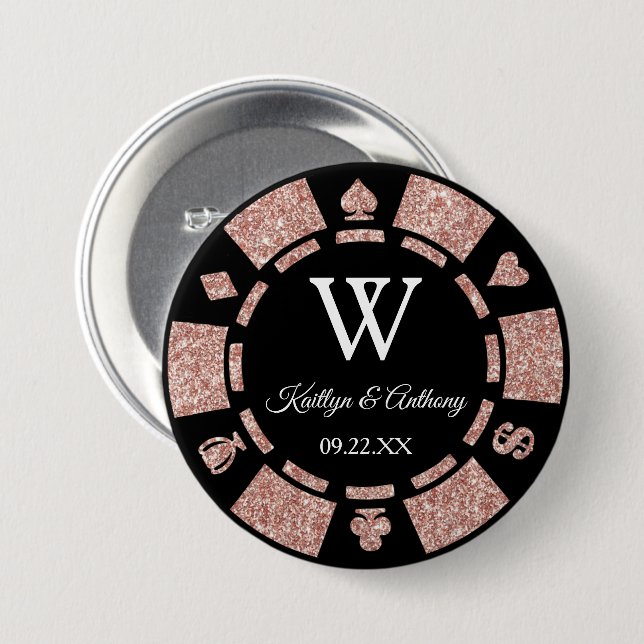 Rose Gold Glitzer Poker Chip Casino Gastgeschenk H Button (Vorne & Hinten)