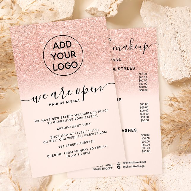 Rose Gold Glitzer Preise Logo pink Wir sind offen Flyer (Von Creator hochgeladen)