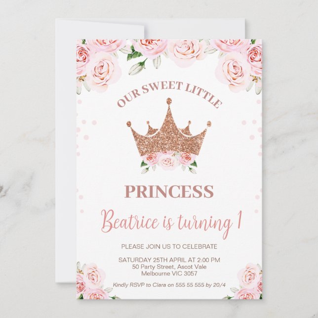 Rose Gold Glitzer Princess Crown 1. Geburtstag Einladung (Vorderseite)