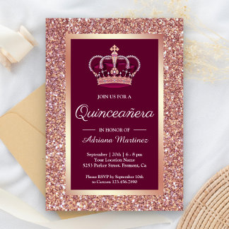 Rose Gold Glitzer Princess Crown Pink Quinceanera Einladung