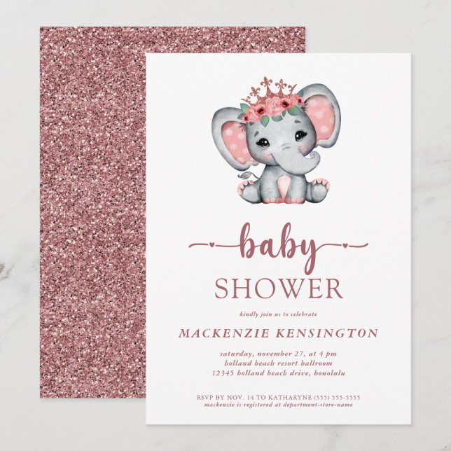 Rose Gold Glitzer Princess Elephant Baby Girl Einladung (Vorne/Hinten)