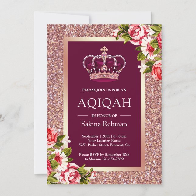 Rose Gold Glitzer Princess Pink Floral Aqiqah Einladung (Vorderseite)
