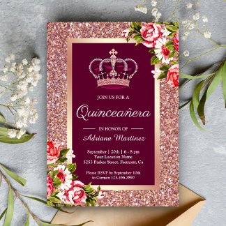 Rose Gold Glitzer Princess Pink Floral Quinceanera Einladung
