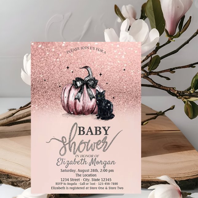 Rose Gold Glitzer Pumpkin Black Cat Baby Dusche Einladung (Von Creator hochgeladen)