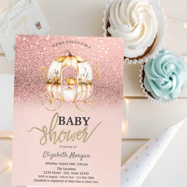 Rose Gold Glitzer Pumpkin Carriage Baby Shooter Einladung (Von Creator hochgeladen)