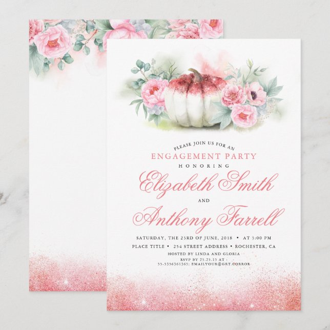 Rose Gold Glitzer Pumpkin Fall Engagement Party Einladung (Vorne/Hinten)