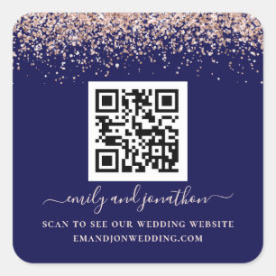 Rose Gold Glitzer QR Code Hochzeit Website Navy Quadratischer Aufkleber