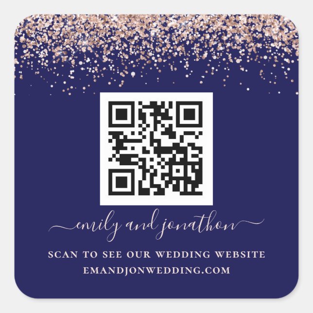 Rose Gold Glitzer QR Code Hochzeit Website Navy Quadratischer Aufkleber (Vorderseite)