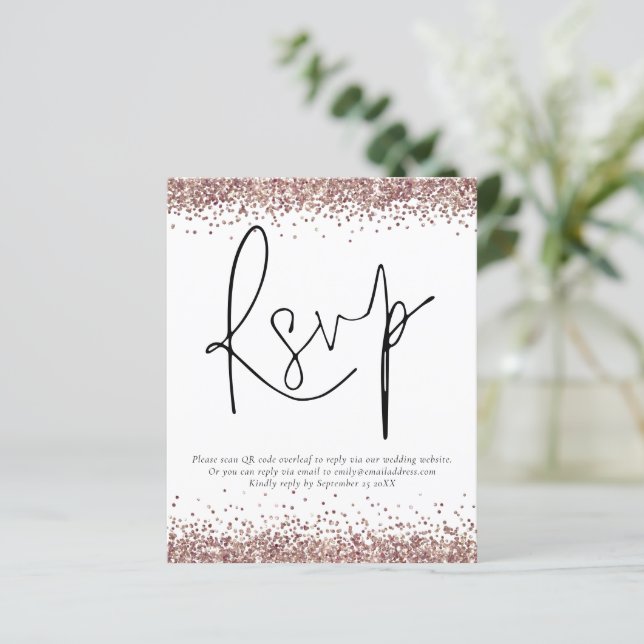 Rose Gold Glitzer QR Code Wedding RSVP enc (Stehend Vorderseite)