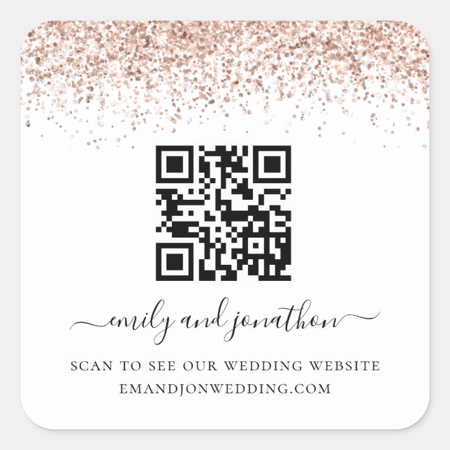 Rose Gold Glitzer QR Code Wedding Website Quadratischer Aufkleber (Vorderseite)