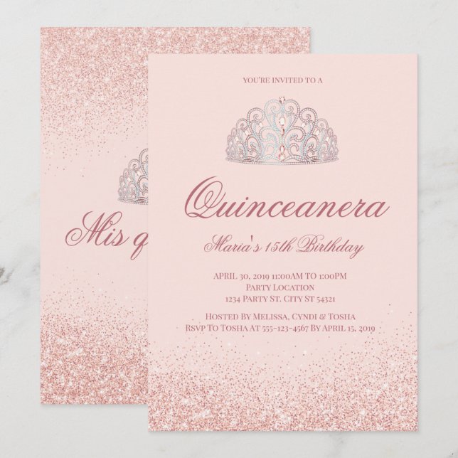 Rose Gold Glitzer Quinceanera Einladungen (Vorne/Hinten)