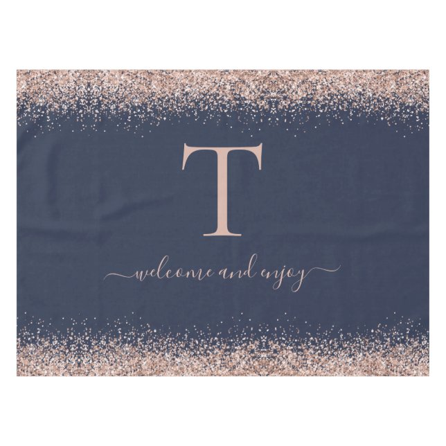 Rose Gold Glitzer Quote Monogram Erstblauer Navy Tischdecke (Vorderseite (Horizontal))