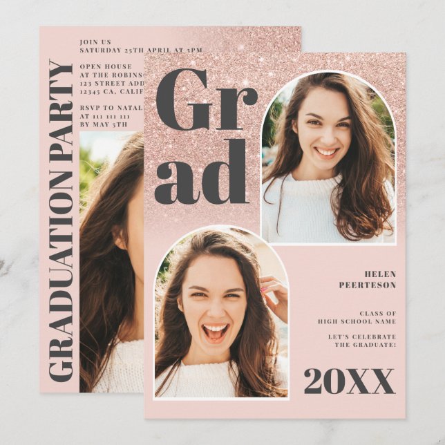 Rose Gold Glitzer Rosa  3 Foto Abschluss Einladung (Vorne/Hinten)