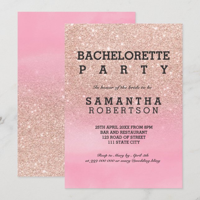 Rose Gold Glitzer Rosa Aquarellbachelorette Einladung (Vorne/Hinten)