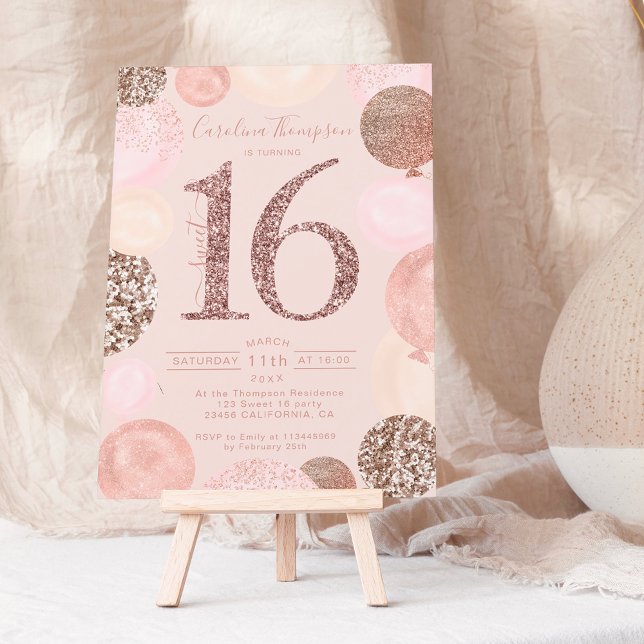 Rose Gold Glitzer Rosa Ballon Sweet 16 Foto Einladung (Von Creator hochgeladen)