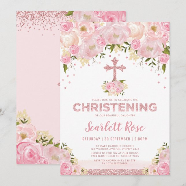 Rose Gold Glitzer Rosa Blume Christine Einladung (Vorne/Hinten)