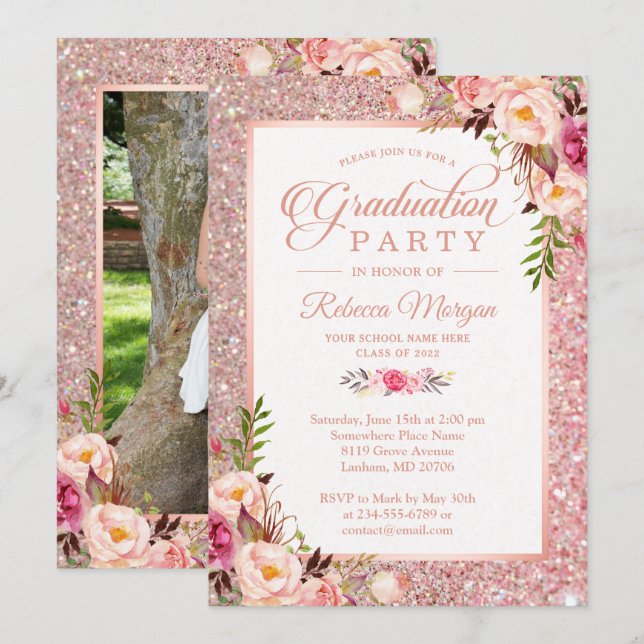 Rose Gold Glitzer Rosa Blumenstudium Party Einladung (Vorne/Hinten)
