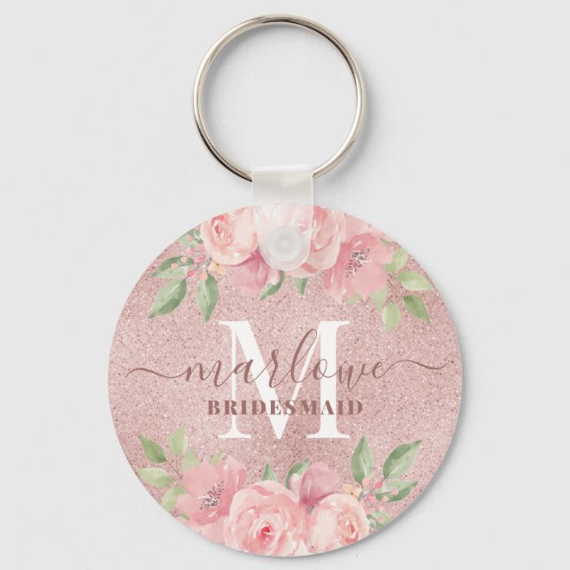 Rose Gold Glitzer Rosa Blumenüberdachung Monogramm Schlüsselanhänger (Vorderseite)