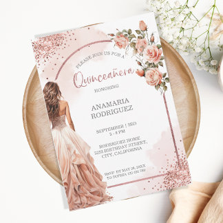 Rose Gold Glitzer Rosa Blütenblüte Quinceanera Einladung