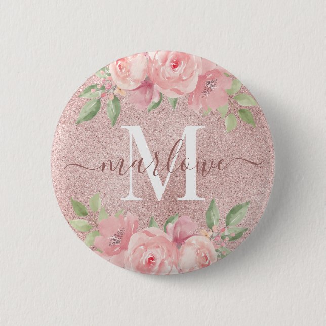 Rose Gold Glitzer Rosa Blütenrosa Button (Vorderseite)