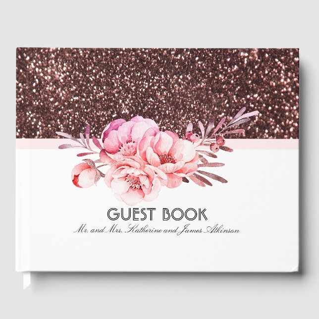 Rose Gold Glitzer Rosa Bouquet Hochzeit Gästebuch (Vorderseite)