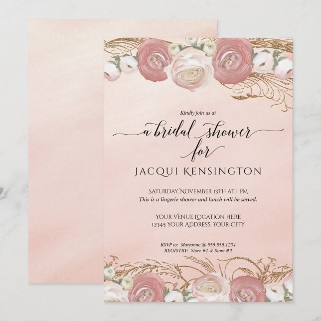 Rose Gold Glitzer Rosa Brautparty Einladung (Vorne/Hinten)