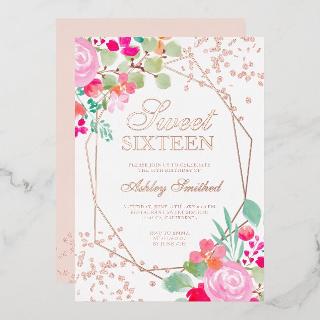 Rose Gold Glitzer Rosa florale Aquarell Sweet 16 Folieneinladung (Vorderseite/Rückseite)