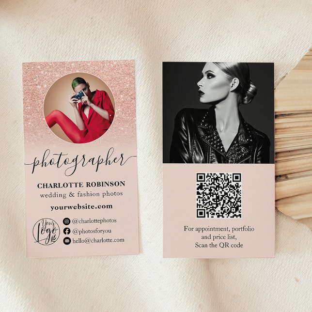Rose Gold Glitzer Rosa Foto qr Logo Fotograf Visitenkarte (Rose Gold glitter pink photo qr logo photographer Business Card)