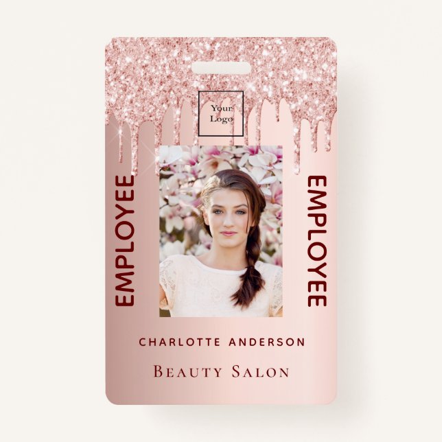 Rose Gold Glitzer Rosa Foto Schönheitssalon Mitarb Ausweis (Vorderseite)