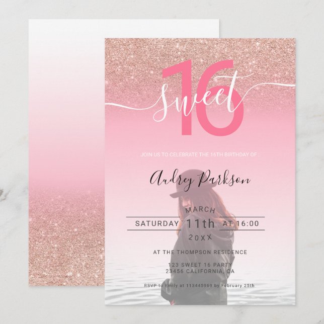 Rose Gold Glitzer Rosa Gefälle Foto süß 16 Einladung (Vorne/Hinten)