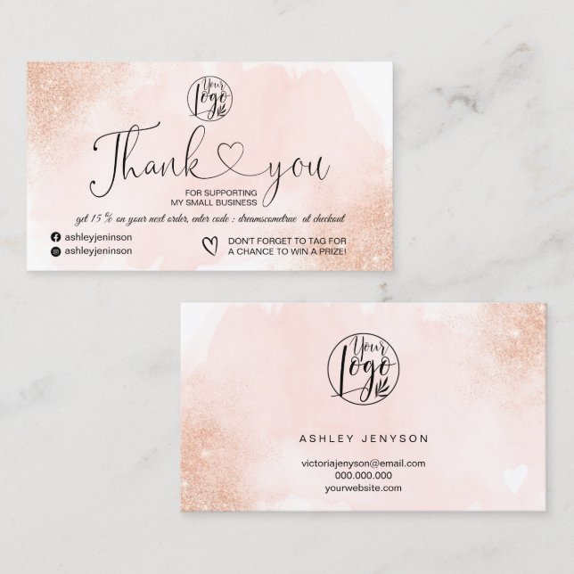 Rose Gold Glitzer rosa Herzlogos Vielen Dank Visitenkarte (Vorne/Hinten)