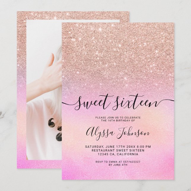 Rose Gold Glitzer Rosa holografisches Foto süß 16 Einladung (Vorne/Hinten)