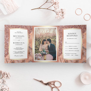 Rose Gold Glitzer Rosa Marmor Foto Hochzeit Dreifach Gefaltete Einladung
