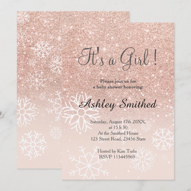 Rose Gold Glitzer Rosa Ober Schneemobil Babydusche Einladung (Vorne/Hinten)
