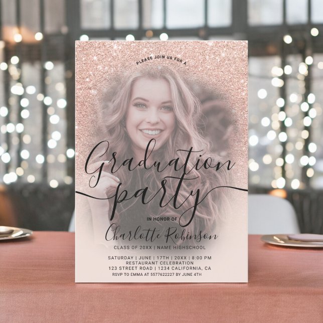 Rose Gold Glitzer Rosa ombre 3 Fotos Abschluss Einladung (Rose gold glitter pink ombre 3 photos graduation invitation)