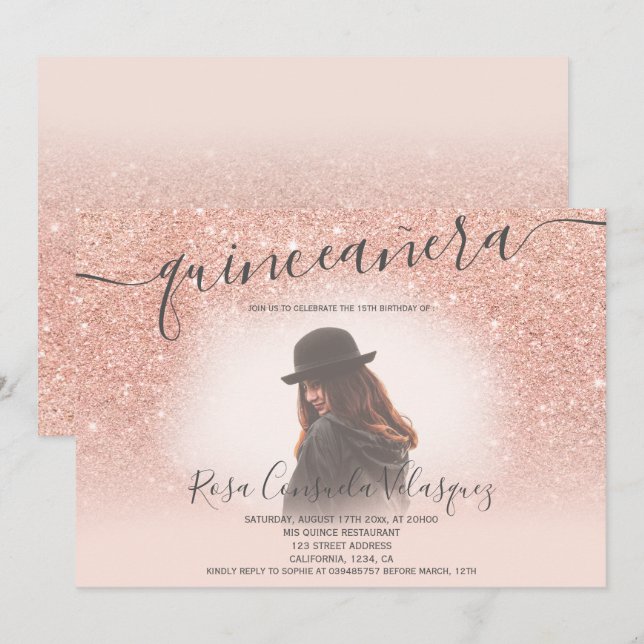 Rose Gold Glitzer Rosa Quinceanera Foto Einladung (Vorne/Hinten)