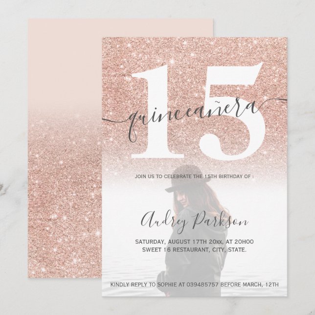 Rose Gold Glitzer Rosa Quinceanera Foto Einladung (Vorne/Hinten)