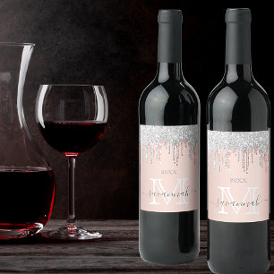 Rose Gold Glitzer Rosa Silberfunkel Monogramm Weinetikett