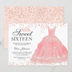 Rose Gold Glitzer Rosa Tiara Kleid Sweet 16 Einladung