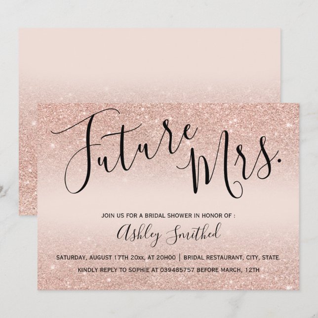 Rose Gold Glitzer rot Rosa Mrs. Brautparty Einladung (Vorne/Hinten)