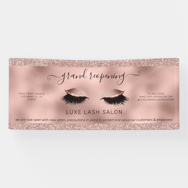 Rose Gold Glitzer Salon Wiedereröffnung Covid Sich Banner (Horizontal)