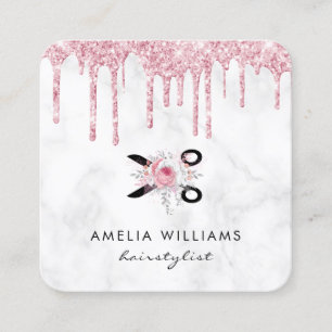 Rose Gold Glitzer Schere Blumenhaarstylen Quadratische Visitenkarte
