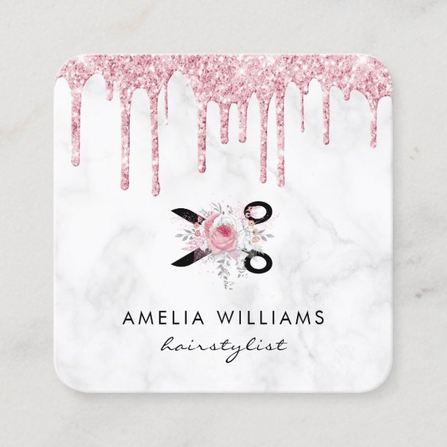 Rose Gold Glitzer Schere Blumenhaarstylen Quadratische Visitenkarte (Vorderseite)