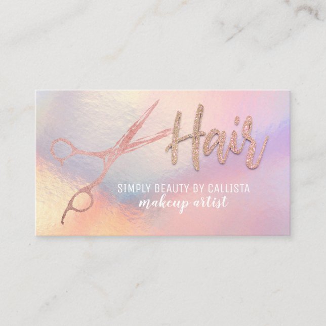 Rose Gold Glitzer Schere Iridescent Haare Stylist Visitenkarte (Vorderseite)
