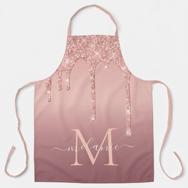 Rose Gold Glitzer Schürze Individuelle Name und Le (Vorderseite)
