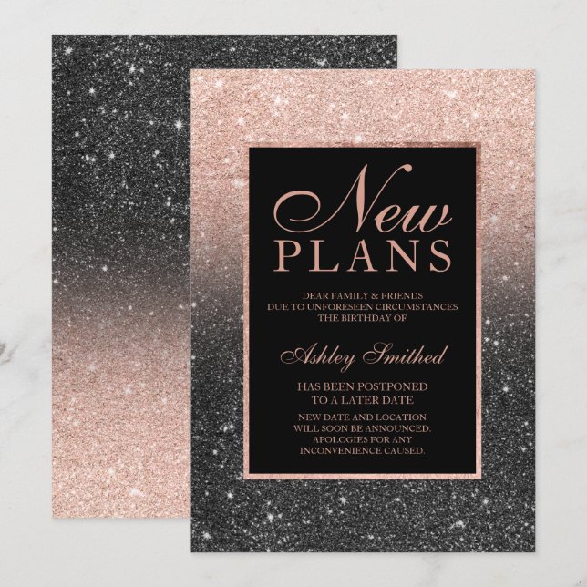 Rose Gold Glitzer Schwarz elegante neue Pläne Einladung (Vorne/Hinten)
