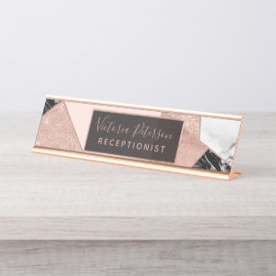 Rose Gold Glitzer Schwarz-weißer Marmor geometrisc Schreibtischnamensplakette