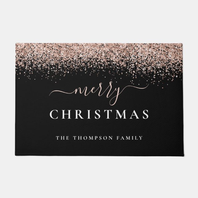 Rose Gold Glitzer Schwarzer Name Frohe Weihnachten Fußmatte (Vorderseite)