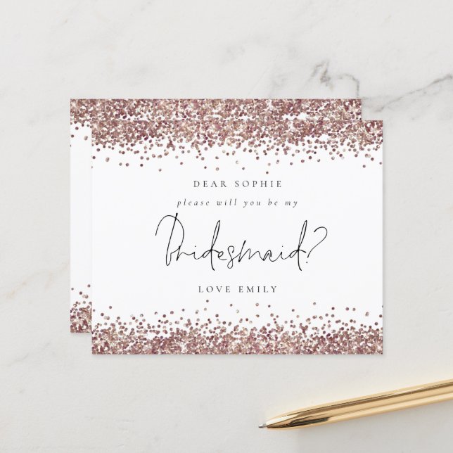 Rose Gold Glitzer Script Bridesmaid Anforderung (Vorderseite/Rückseite Beispiel)