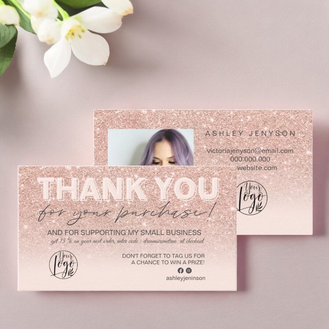 Rose Gold Glitzer Script Foto Logo vielen Dank Visitenkarte (Rose gold glitter script photo logo thank you business card)